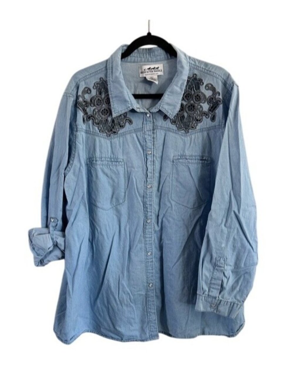 Back in the Saddle Blue Embroidered Eyelet Denim Pearl Snap Shirt Western 3X